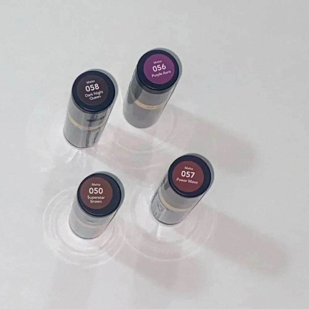 Revlon Matte Lipstick Set 4 Dark Night, Purple Aura, Superstar Brown, Power Move